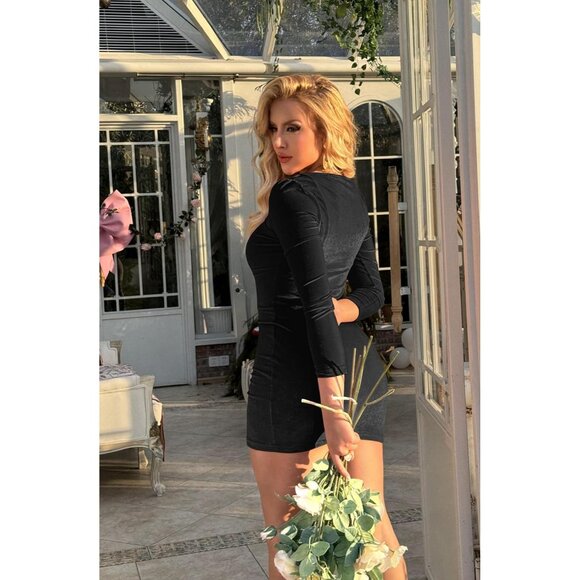 Women's Velvet Long Sleeve Black Body con Mini Party Dress Elegant and Sexy - Picture 5 of 8